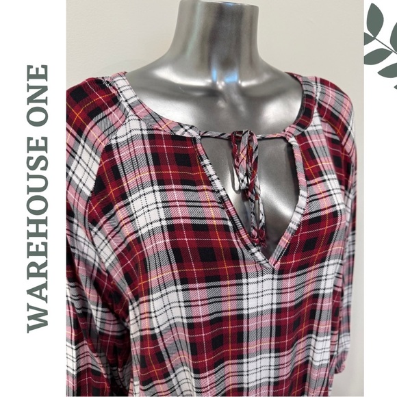 🛍️3/$40 Warehouse One Plaid Peasant Blouse – Red White Size 3X - Picture 4 of 5